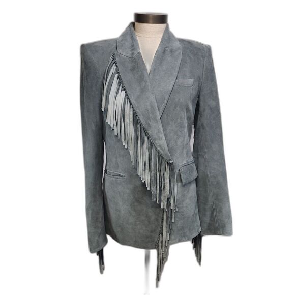 Veronica Beard Pali Fringed Suede Dickey Jacket Slate Blue Lambskin Size 8 - Picture 4 of 14